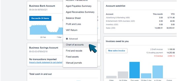 Screenshot of Chart of Accounts being chosen from drop-down menu