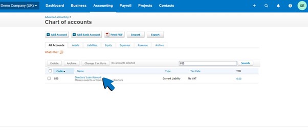 Screenshot of the director's loan account being selected