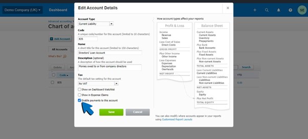 Screenshot of the 'Enable payments to this account' box being ticked