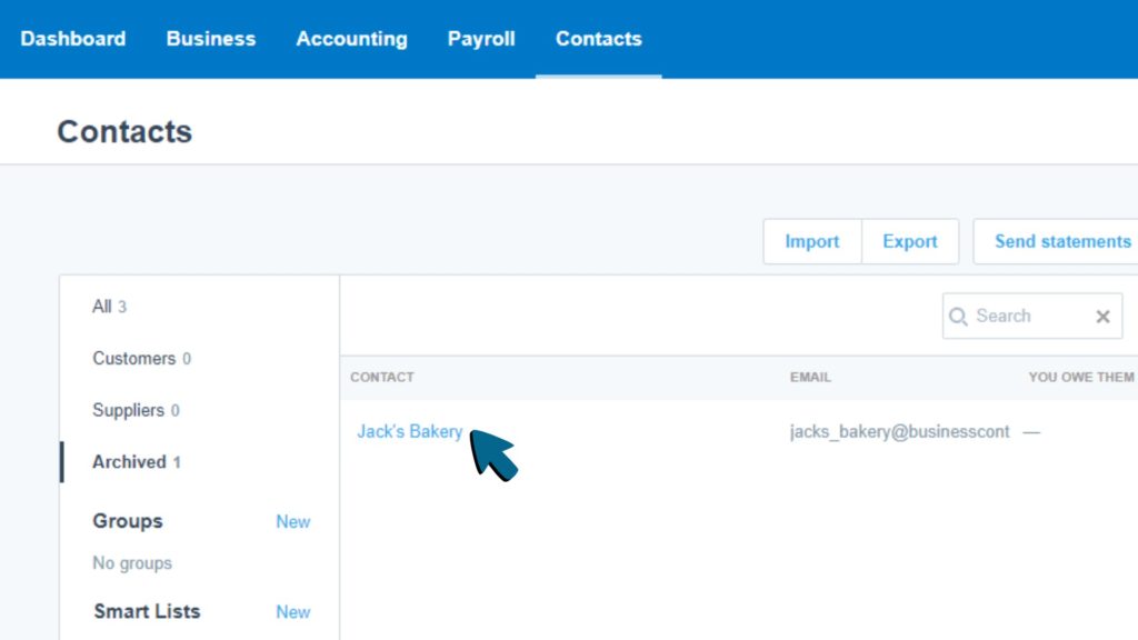 Screenshot of Jack's Bakery being selected from user's contact list