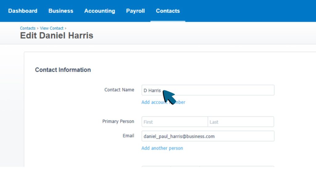 Screenshot of the Edit screen, showing D Harris being entered into the Contact Name field