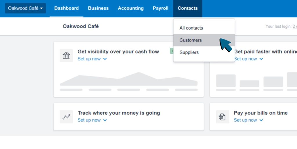 Screenshot of user deciding whether to view their customers or their suppliers,. both of which can be found in the Contacts drop down menu