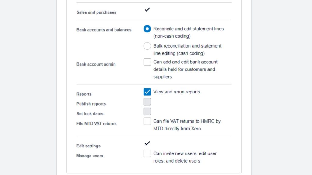 Screenshot of additional settings being considered, such as whether the accountant should be allowed to view and rerun reports, or whether they should be able to reconcile and edit statement lines