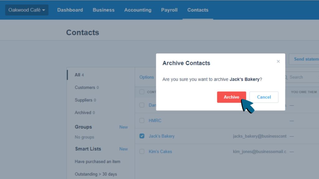 Screenshot of the Archive button being clicked in a pop-up window titled 'Archive Contacts'