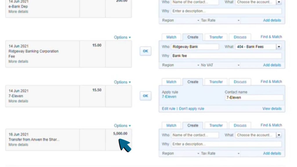 Screenshot of share capital transaction being located in Bank Reconciliation screen