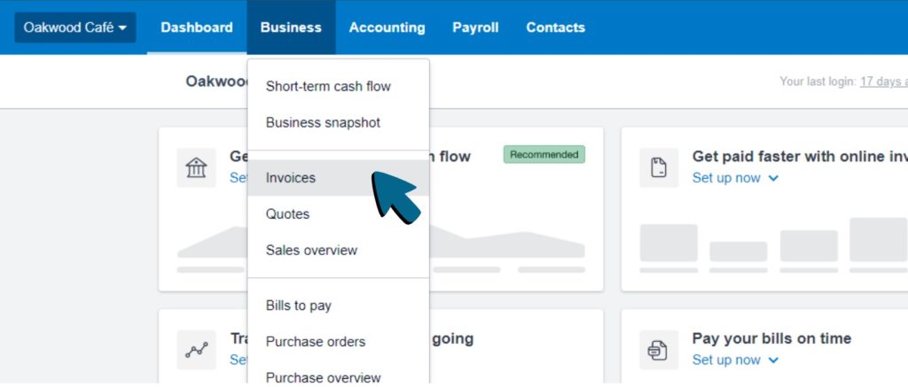 Screenshot of 'Invoices' being chosen from the Business drop-down menu