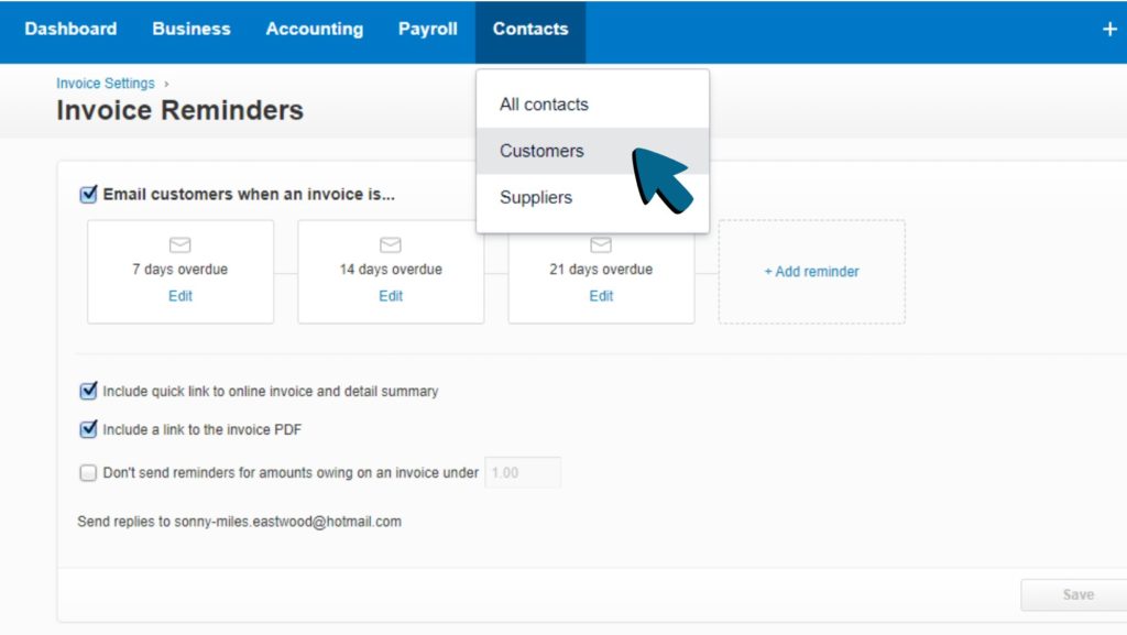 Screenshot of 'Customers' being selected from the Contacts drop-down menu