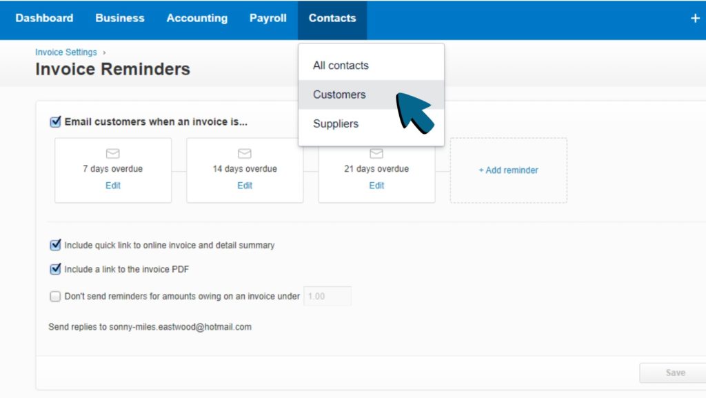 Screenshot of 'Customers' being selected from the Contacts drop-down menu