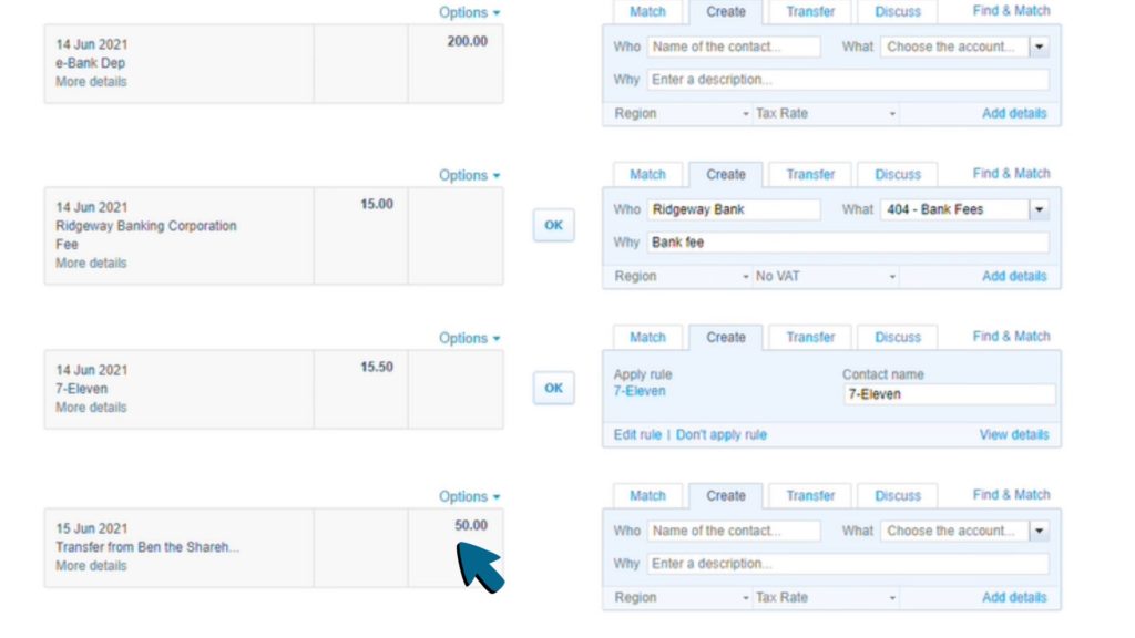 Screenshot of a share capital transaction being located in the Bank Reconciliation Screen