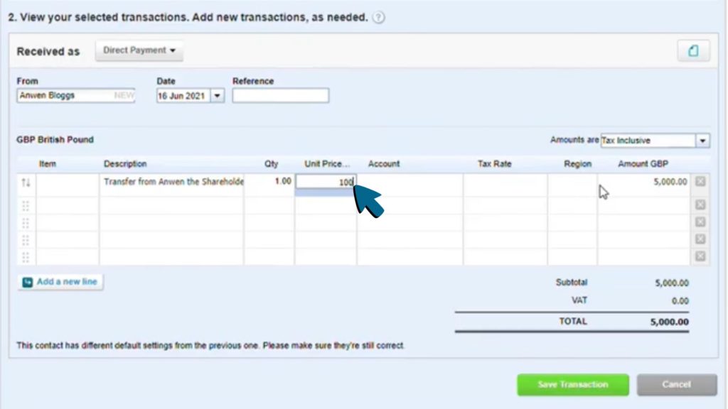 Screenshot of Unit Price column being edited on first row to read £100 instead of £5000