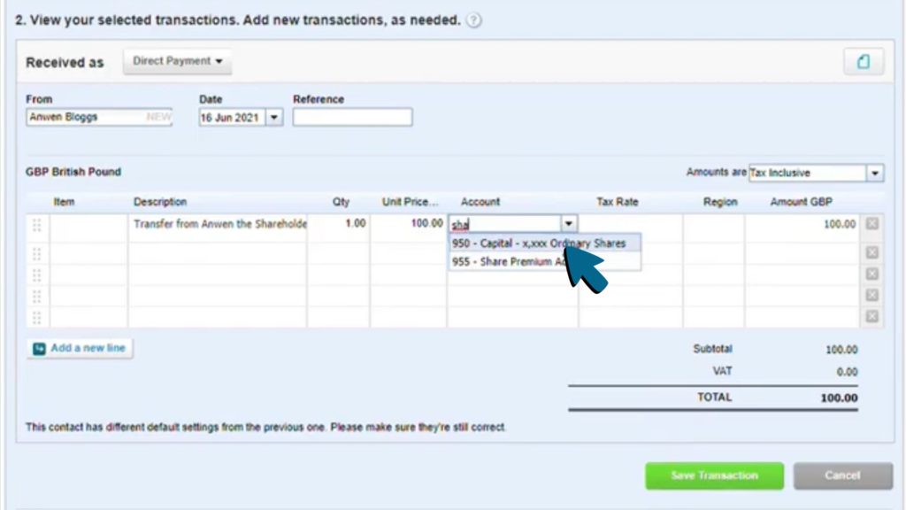 Screenshot of Account column being edited on first row so that the Capital -Ordinary Shares account is chosen