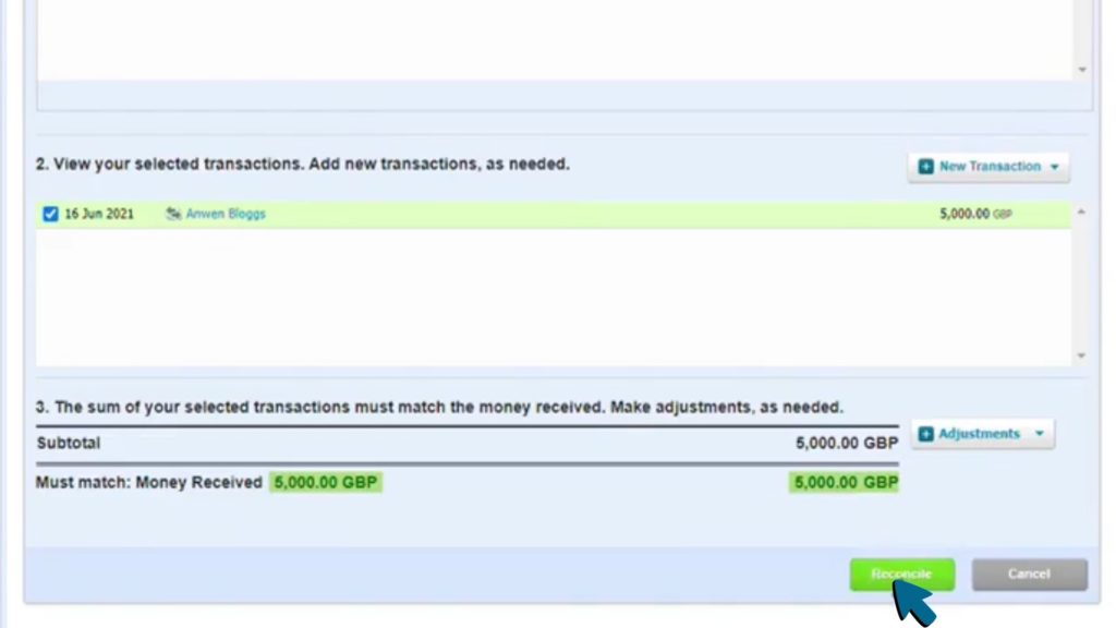 Screenshot of Reconcile button being clicked