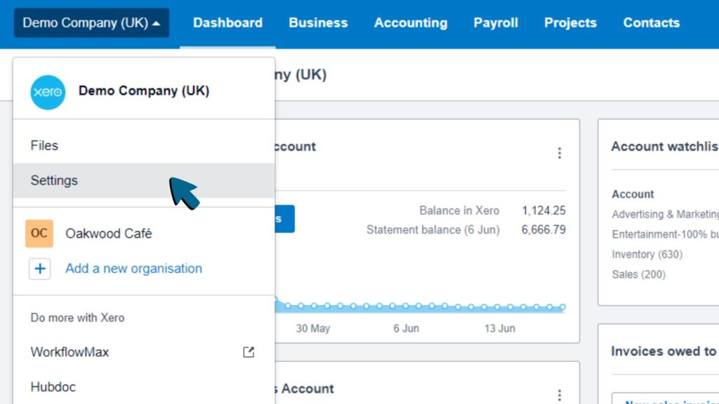 Screenshot of Settings being selected from Organisation drop-down menu