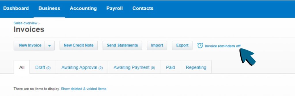 Screenshot of 'Invoice reminders off' being clicked