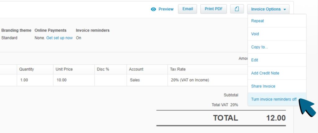 Screenshot of 'Turn invoice reminders off' being chosen from the Invoice Options drop-down menu