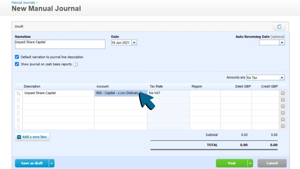 Screenshot of the Capital - Ordinary Shares account being selected in the Account column on the first row