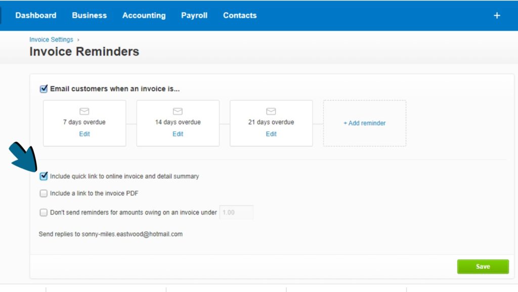 Screenshot of the ‘Include quick link to online invoice and detail summary’ option being selected.