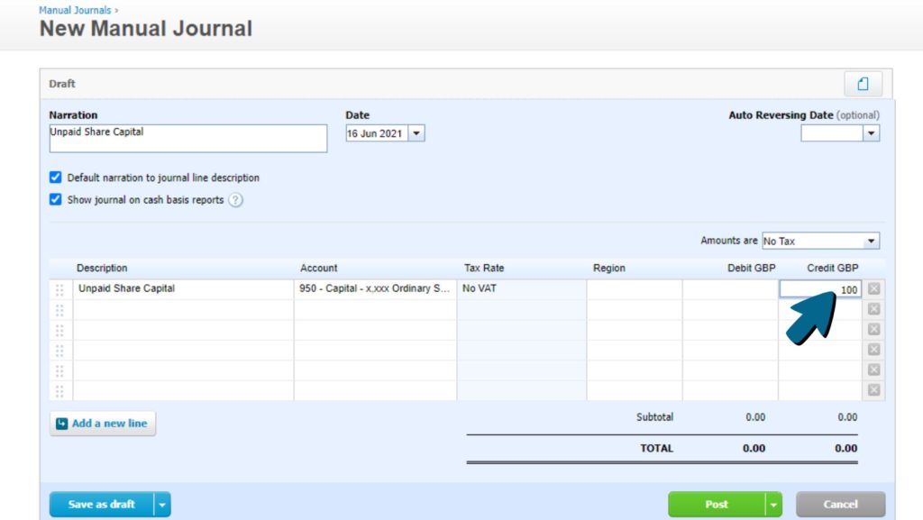 Screenshot of £100 being entered into the Credit column on the first line.