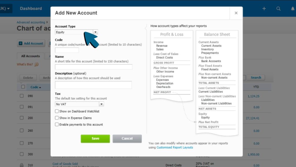 Screenshot of 'Equity' being chosen from Account drop-down menu in the Add New Account window