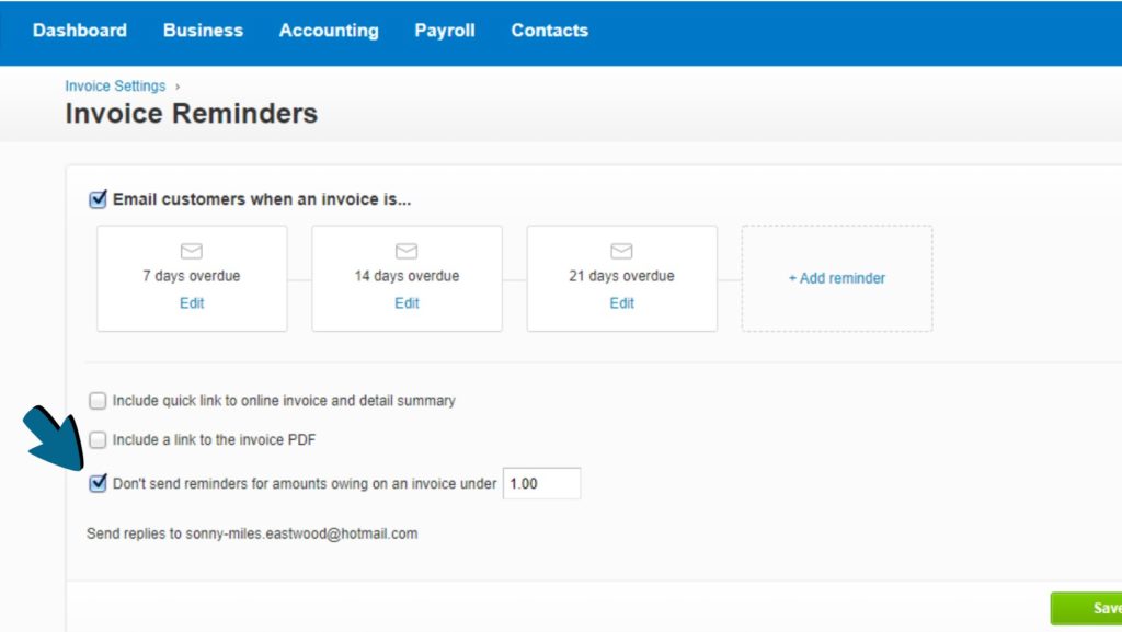 Screenshot of the ‘Don’t send reminders for amounts owing on an invoice under’ option being selected.