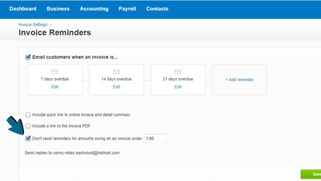 Screenshot of the ‘Don’t send reminders for amounts owing on an invoice under’ option being selected.