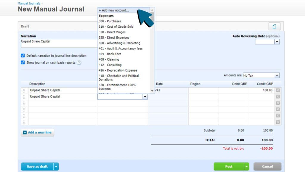 Screenshot of New Account option being selected from drop-down menu of the Account column, second row.