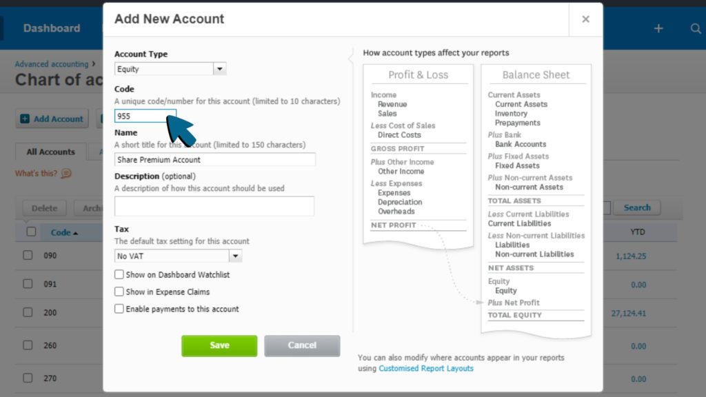 Screenshot of the Account Type, Code, and Name fields being filled out.