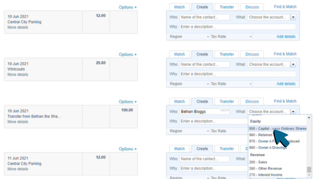 Screenshot of the 'Capital - Ordinary Shares' account being chosen from the drop-down menu in the What field