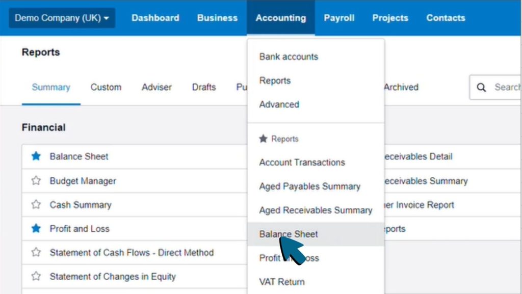 Screenshot of Balance Sheet being selected from Accounting drop-down menu