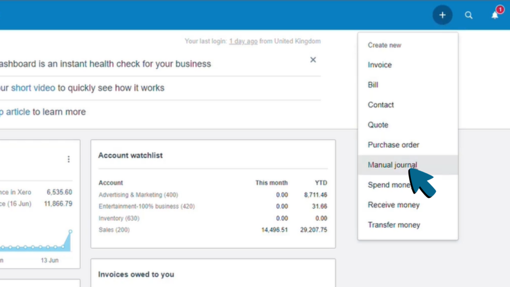 Screenshot of '+' icon being clicked, and 'Manual journal' being selected from the drop-down menu