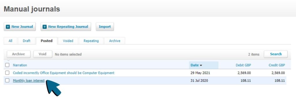Screenshot of 'Monthly Loan Interest' journal being clicked