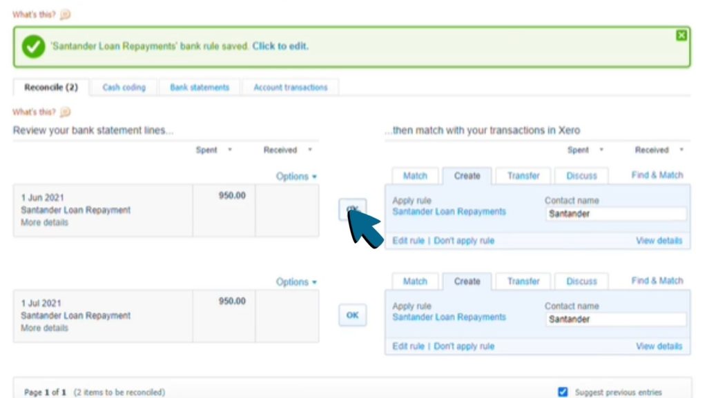 Screenshot showing the Bank Reconciliation screen. Each bank loan repayment can now be reconciled by simply clicking 'OK'