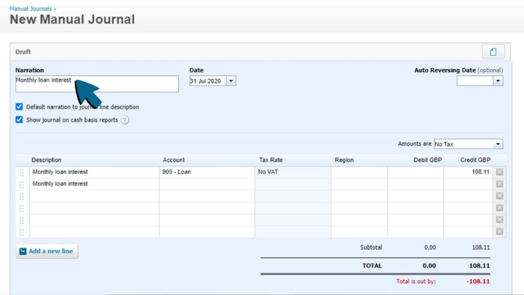 Screenshot of 'Monthly loan interest' being entered into the Narration field