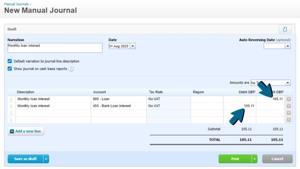 Screenshot of '105.11' being entered into 'Credit GBP' field (first line) and 'Debt GBP' field (second line)