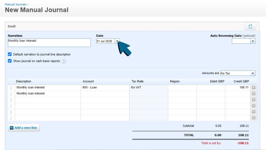 Screenshot of the date (31 Jul 2020) being entered into the 'Date' field