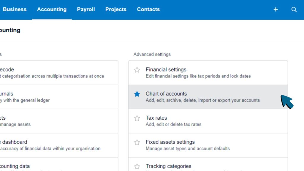 Screenshot of Chart of accounts being clicked