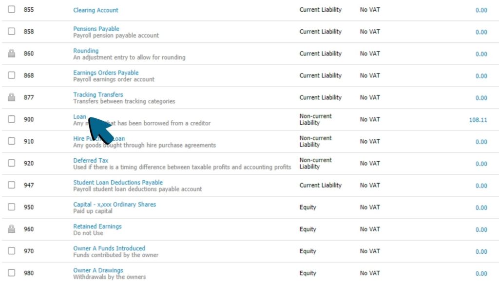 Screenshot showing a list of the user's account. The Loan account is being clicked