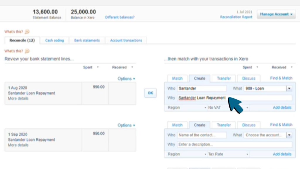 Screenshot of 'Santander loan repayment' being entered into the 'Why' field