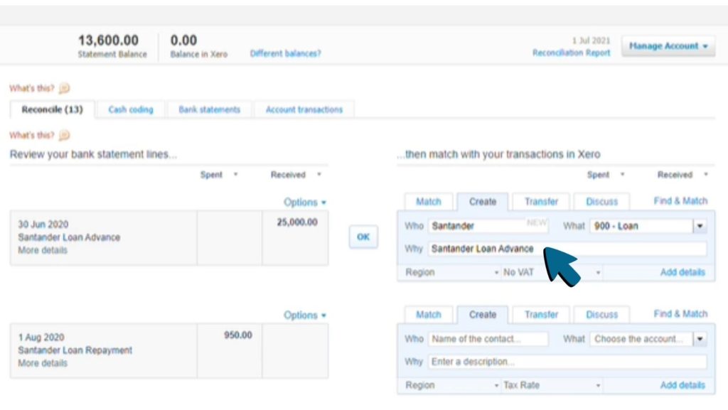 Screenshot of 'Santander loan advance' being entered into the Why field
