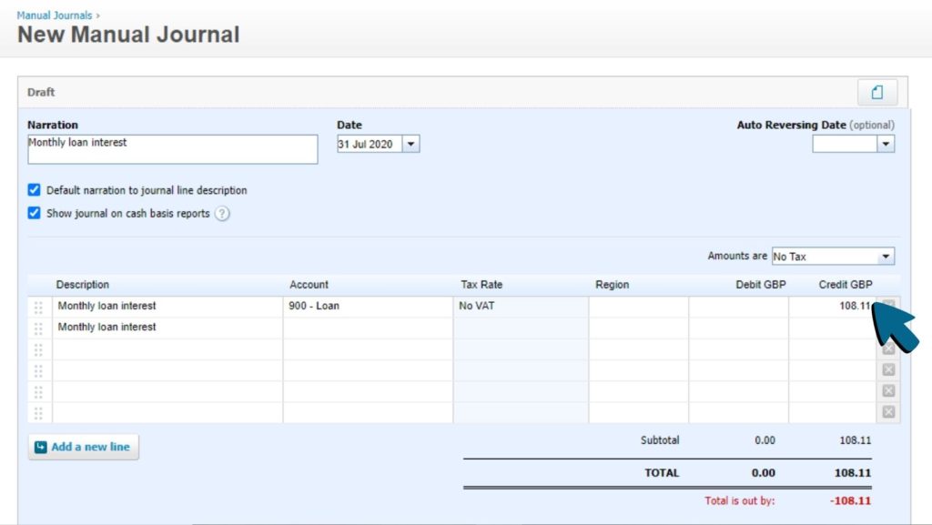 Screenshot of the figure '108.11' being entered in the 'Credit GBP' field