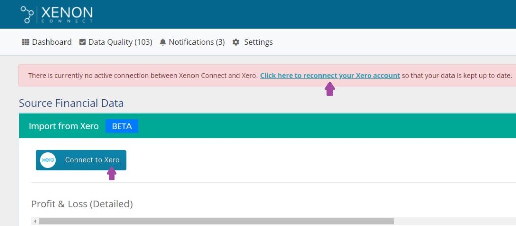 Screenshot showing 'Connect to Xero' button and reconnection prompt notice in Xenon Connect.