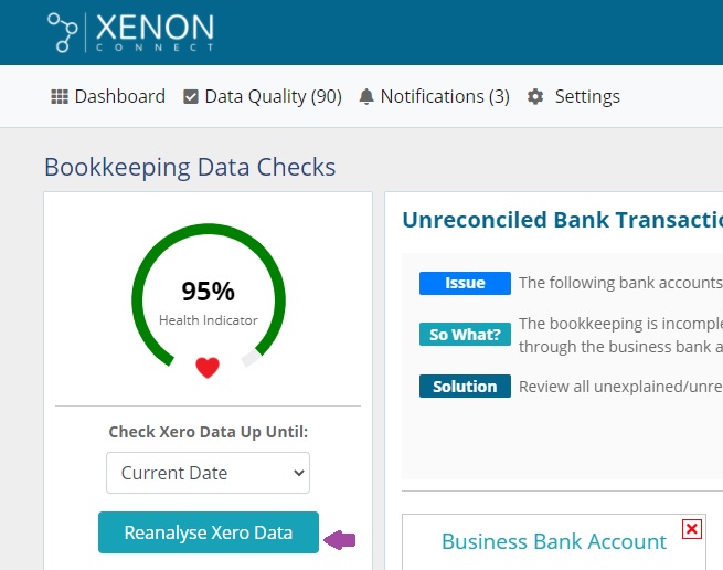 Screenshot showing bookkeeping data check refresh data button
