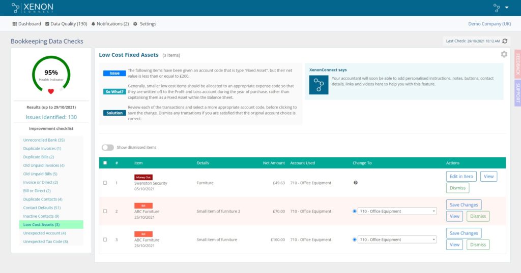 Screenshot of the Low Cost Fixed Assets Xero bookkeeping data check feature in Xenon Connect
