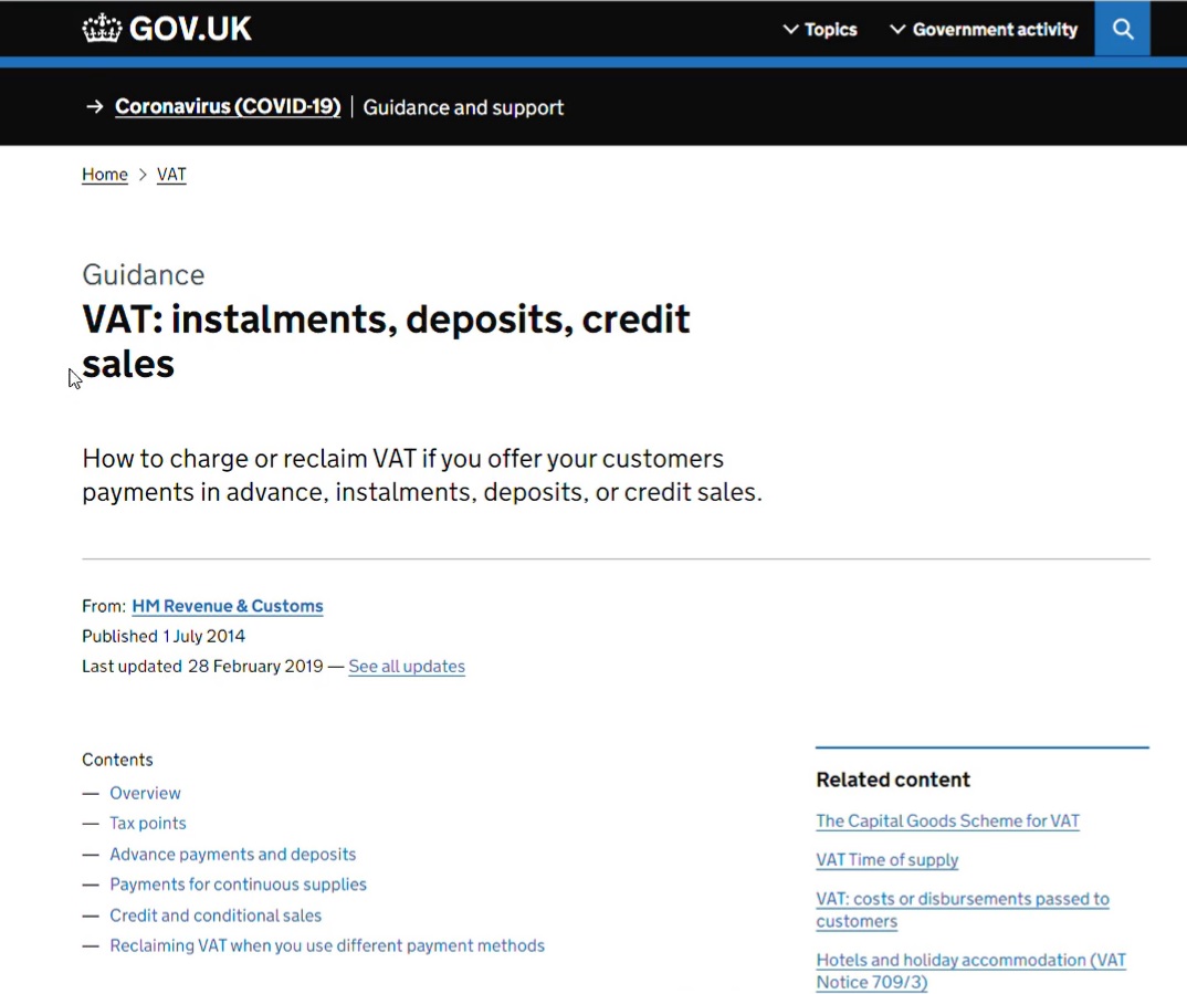 Screenshot showing HMRC guidance regarding VAT on customer deposits