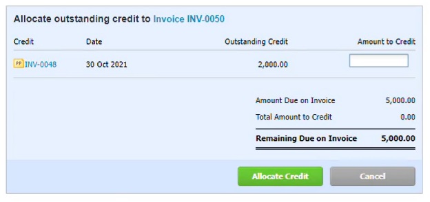Screenshot of Xero allocate credit to invoice screen