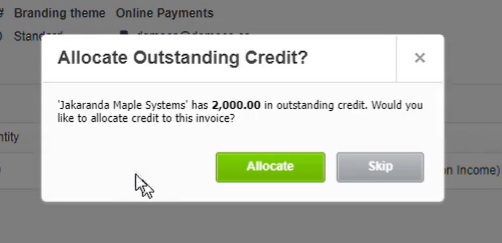 Screenshot of allocate outstanding credit popup in xero