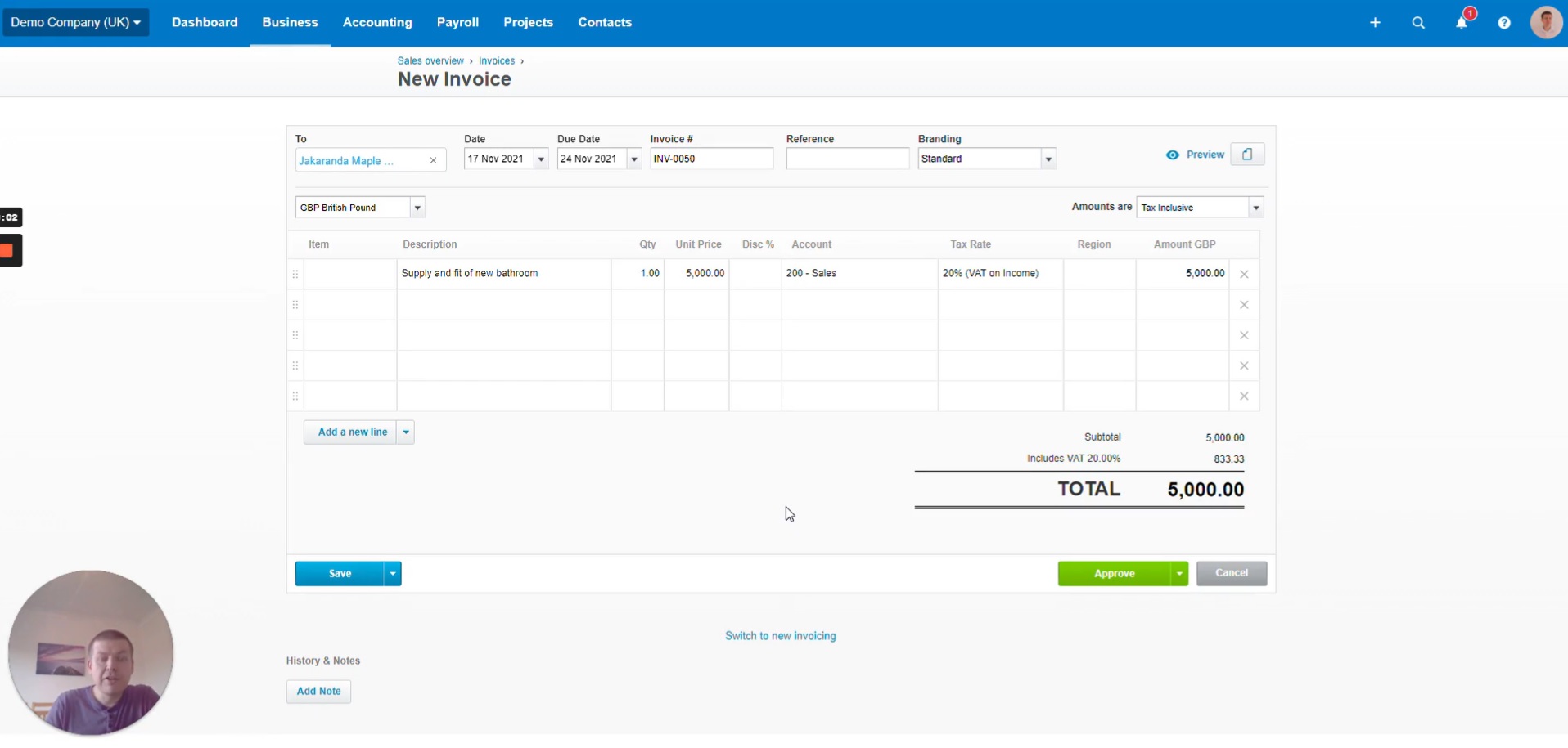 Screenshot of a sales invoice being created in Xero