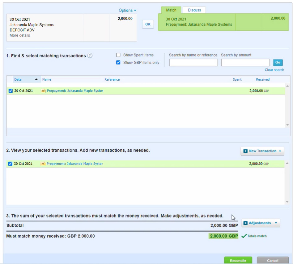 Screenshot showing Xero reconcile button