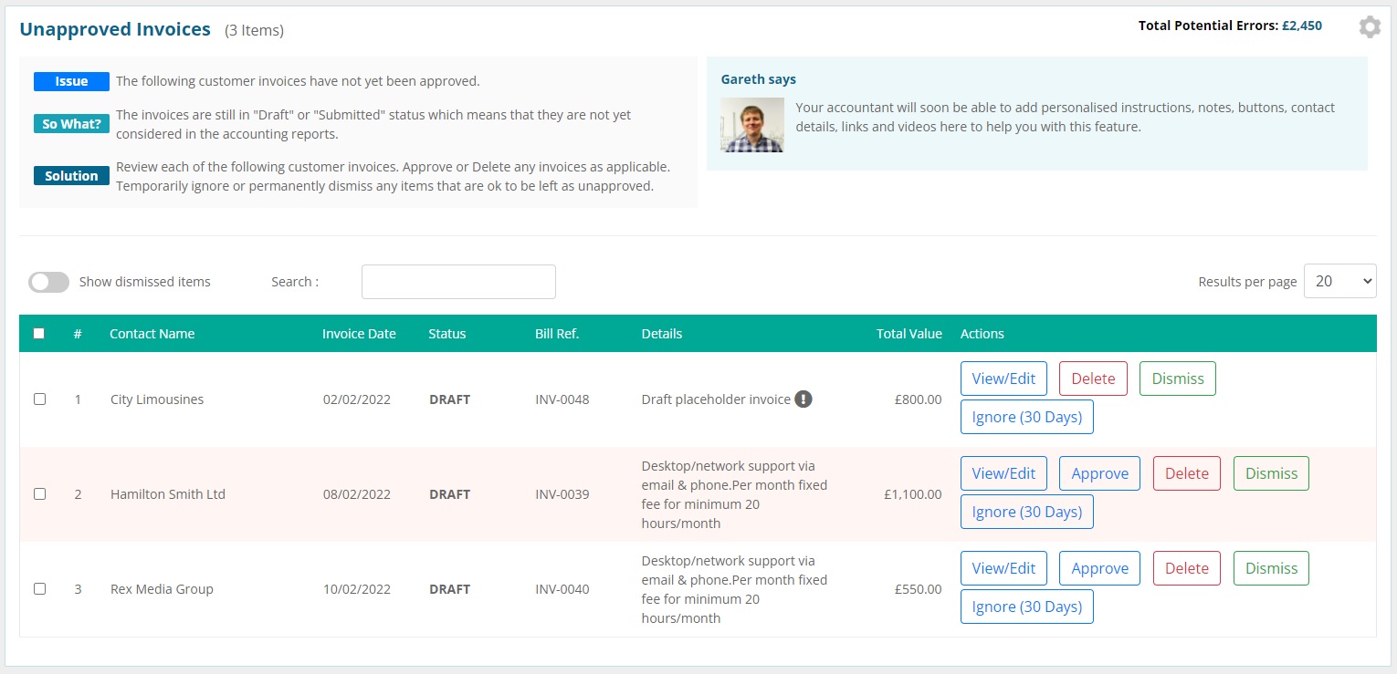 Screenshot of Xenon Connect's "Unapproved Invoices" bookkeeping data check page