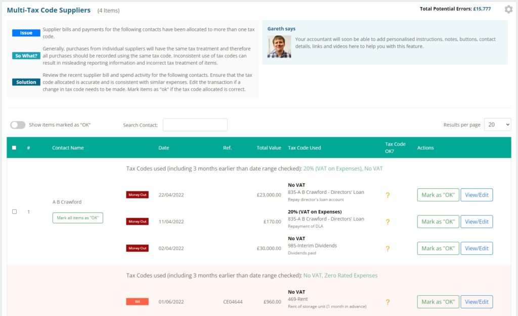 Screenshot of Xenon Connect's Multi-Tax Code Suppliers Xero data check page